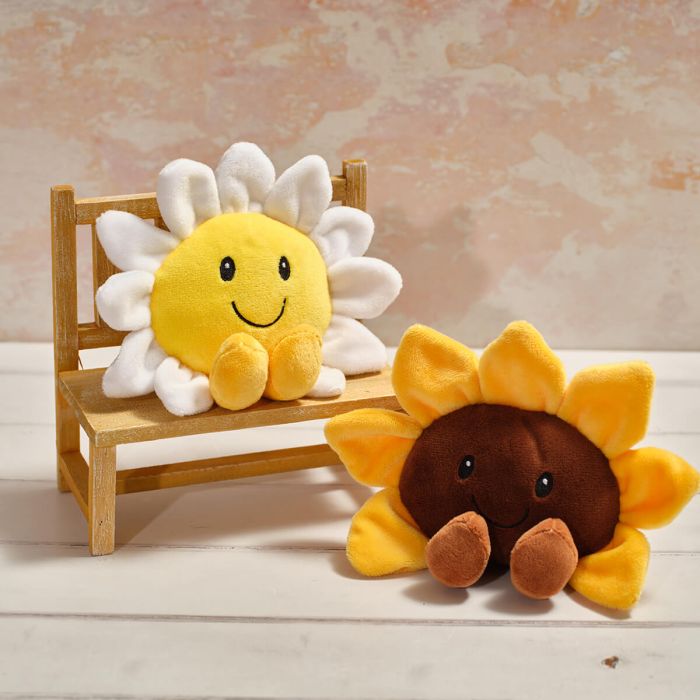 Plush Sitting Sunflower and Daisy with Smiley Face
